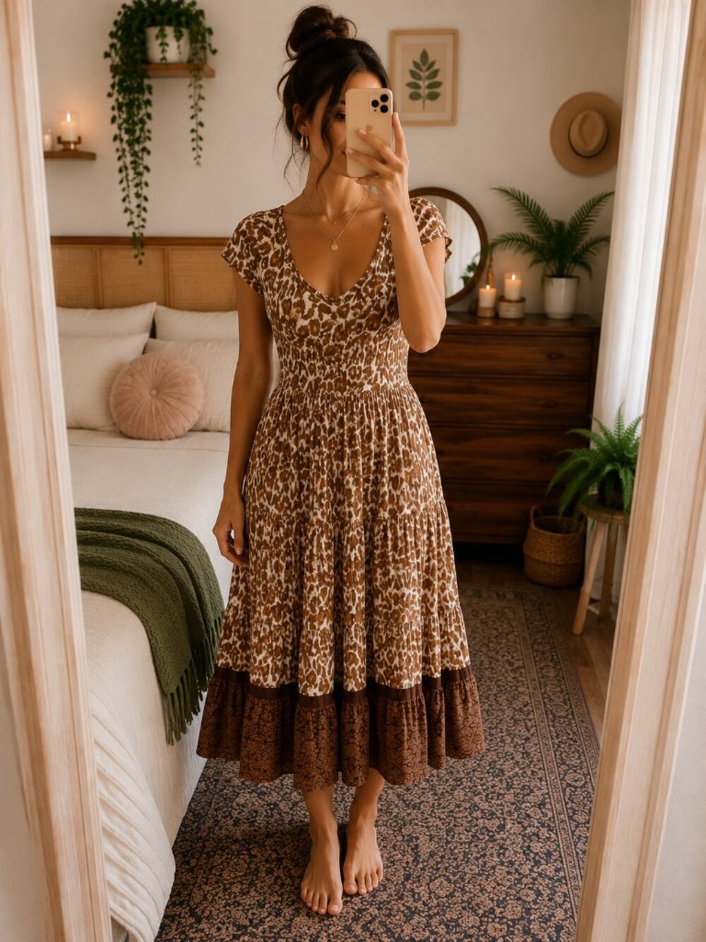 Soft Surroundings Animal Print Midi Dress Women's Medium Brown Viscose‎